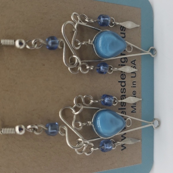 731- Blue Glass Wire Wrapped Women's Handmade Earrings NWT - Picture 3 of 5